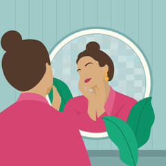 Chica vanidosa en el baño mirándose al espejo - obrazy, fototapety, plakaty