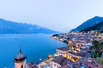 The town of Limone and Lake Garda. Brescia province, Lombardy, Italy, Europe.