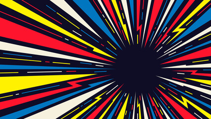 Fototapeta premium Radial speed lines background for comic books. Color rays of explosion. Speed motion in hyperspace tunnel. Abstract comic wallpaper for media advertising.