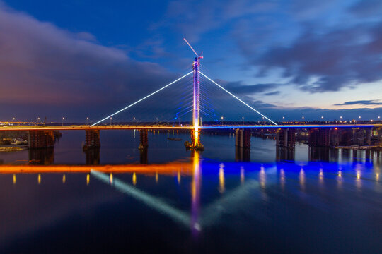 Cable-stayed bridge in Zaporizhzhia at night