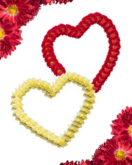 Romantic floral shape of two hearts and a frame of flowers isolated on a white background. Contour shape of hearts, made of red and yellow flowers as a sign of love, loyalty and devotion