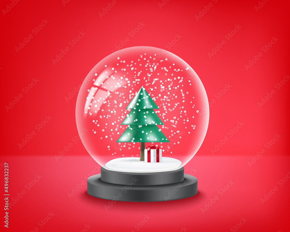 Poster transparent glass empty crystal ball with snow and christmas tree. 3d vector illustration with copy 