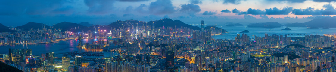 Fototapeta na wymiar Panorama of aerial view of Hong Kong city at dusk