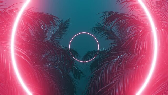 Retrowave glowing circle frame appears in the tropical palm tree looped animation