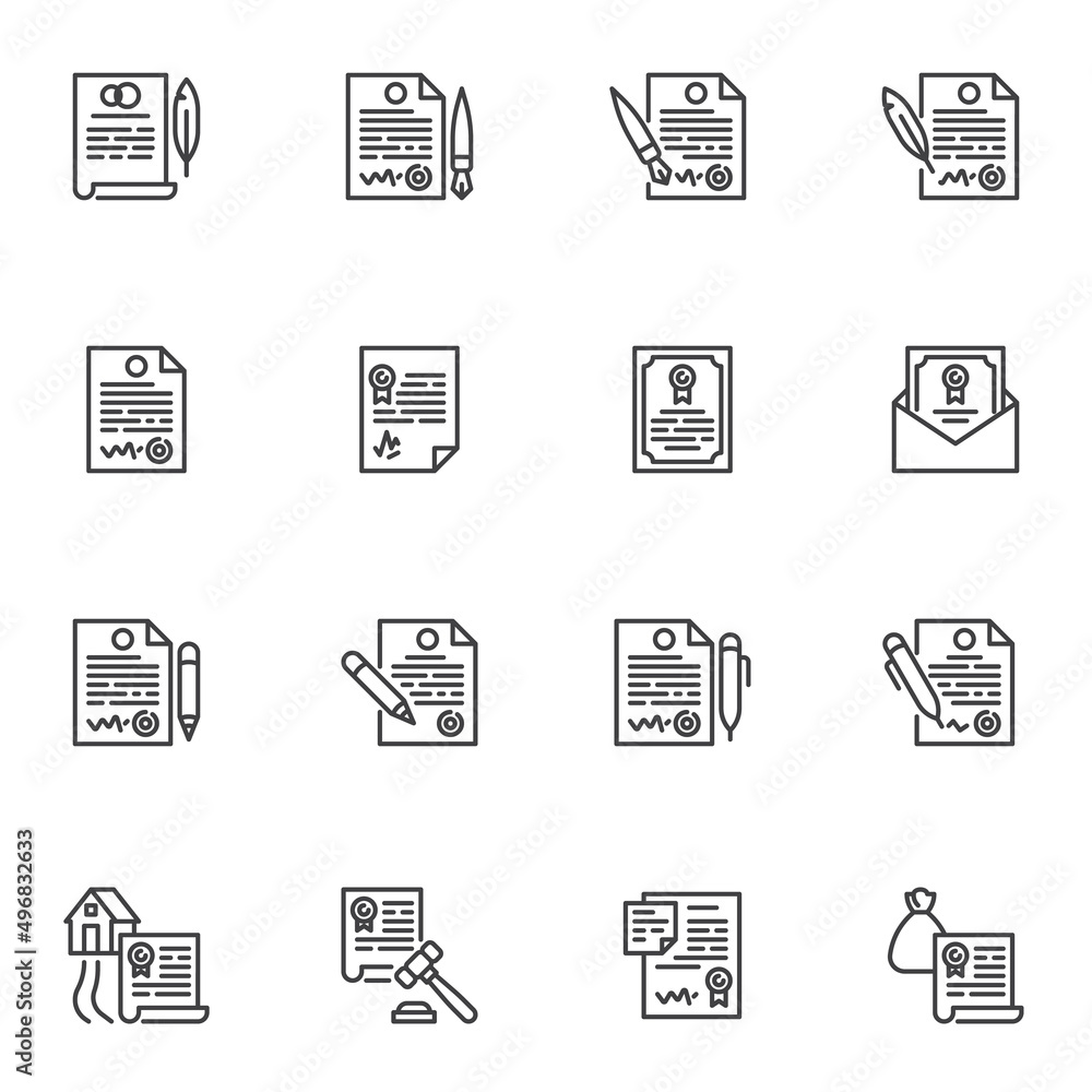 Poster contract document line icons set