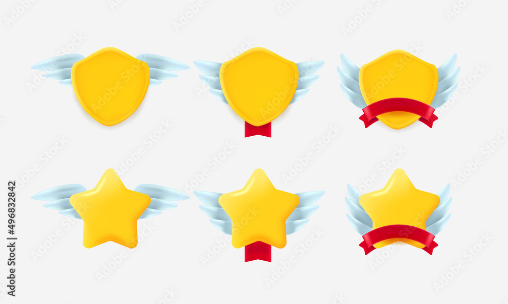 Poster Game rating labels set with wings isolated on white background. 3d vector labels