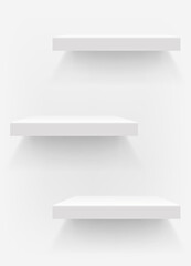 Three white shelfs on white wall. Vertical vector illustration