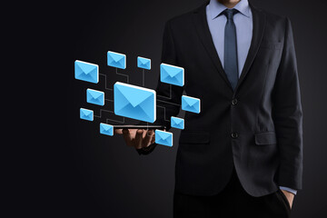 Email marketing and newsletter concept.Contact us by newsletter email and protect your personal information from spam mail concept.Scheme of direct sales in business. List of clients for mailing.