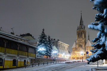 Fototapeta premium Church of St. Stanislav in Chortkiv, Ukraine. winter night view