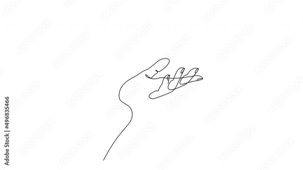 Poster self drawing animation of continuous one line hand holding heart on palm. 4k video alpha channel.