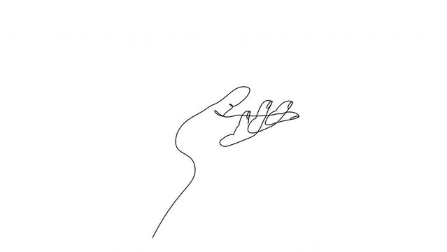 Self drawing animation of continuous one line hand holding heart on palm. 4k video alpha channel.