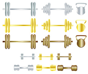 Metal dumbbells, barbell for gym weight training. 3d fitness bodybuilding exercise equipment vector gold, silver and bronze set