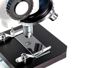 Lens of microscope close up. Research in scientific medical laboratory