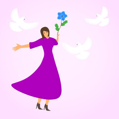 pretty woman smiles and holds a cornflower in her hand surrounded by white pigeons as a symbol of peace and tolerance. The concept of sanity and happiness. Vector cartoon illustration in flat style