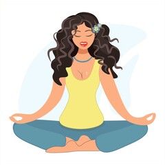 Pretty brunette woman meditates in the lotus position. A beautiful girl, a woman in a yellow t-shirt is doing yoga. Vector isolated illustration in cartoon, flat style. Yellow-blue shades.