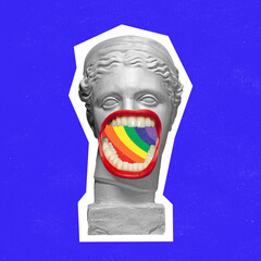 Contemporary art collage. Antique statue bust with open human mouth and rainbow colors isolated...