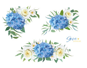 Save Ukraine blue and yellow flowers bouquets set. Hydrangea, garden roses, camellia flower, green eucalyptus leaves. Editable vector watercolor illustration. Wedding invite, greeting, save the dateSa
