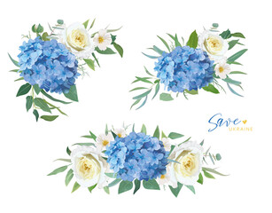 Materiał do szycia Save Ukraine blue and yellow flowers bouquets set. Hydrangea, garden roses, camellia flower, green eucalyptus leaves. Editable vector watercolor illustration. Wedding invite, greeting, save the dateSa