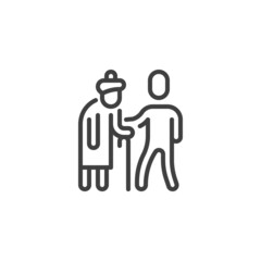 Volunteer and elderly woman line icon