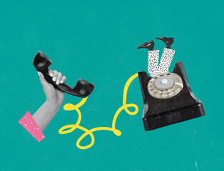 Contemporary art collage. Retro, vintage design. Old styled telephone with human legs sticking out...