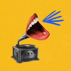 Contemporary art collage. Female mouth shouting, singing from retro gramophone isolated over bright yellow background
