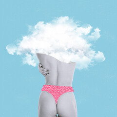 Contemporary art collage. Tender woman in pink underwear having head on clouds isolated over blue background