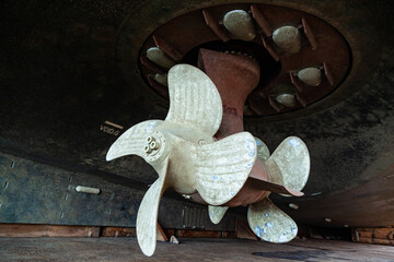 The bottom of a ship supported in dry dock with azimuth propulsion and twin propellers aft.