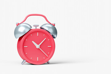 Red vintage alarm clock isolated on white background. Retro design