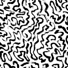 Fototapeta na wymiar Black wavy organic rounded shapes pattern. Abstract background with bold curly brush strokes. Trendy modern organic shape doodle lines pattern. Stylish structure of natural cells. Messy doodles.