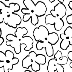Abstract flowers ink vector seamless pattern. Freehand blossom background. Black and white botanical wallpaper design. Doodle flowers with leaves. Sketch drawing. Chamomile or daisy painted by brush. 