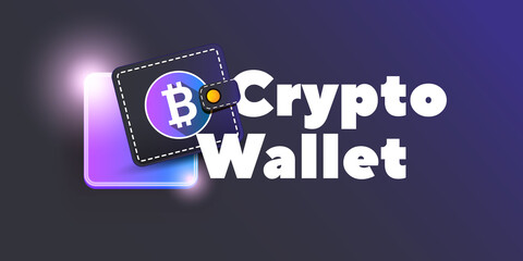 Cryptocurrency wallet concept illustration with wallet and crypto coins isolated on grey background. Crypto wallet landing page and poster design template. Crypto wallet for bitcoin, solana, ethereum