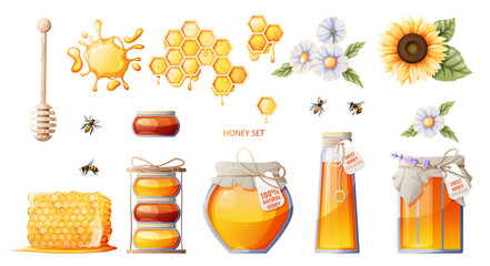Set of honey products: jar of honey, honeycombs. Sunflower flowers, daisies. Bees and honey spoon. Suitable for honey shop, stickers, design.