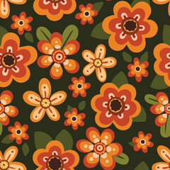 Decorative floral hippie print. Seamless pattern, retro botanical background with simple flowers, leaves on a green field. Vector illustration.