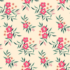 Cute girlish print, seamless floral pattern with small bouquets on a light background. Romantic botanical background with painted pink flowers, twigs, leaves. Vector illustration.