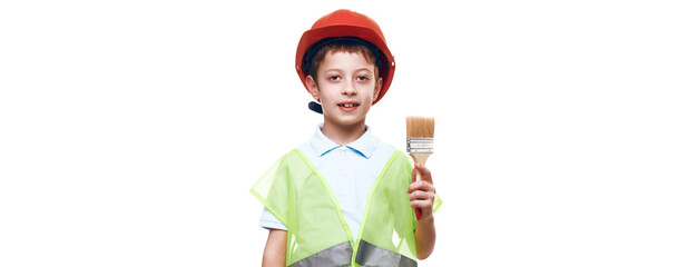 Renovation concept. Cute joyful little boy holds brush and paint bucket on white isolate background