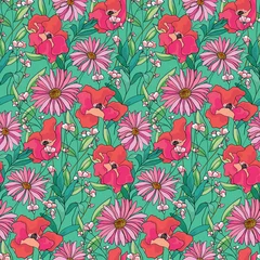 Foto auf Acrylglas Summer floral print with hand drawn retro meadow. Trendy botanical background, seamless pattern with wild flowers, various leaves and herbs. Vector illustration. © Yulya i Kot