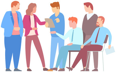 Training of office staff, teamwork, business meeting concept. Team thinking and brainstorming. Analytics of company information. People working, discussing business. Colleagues during office work