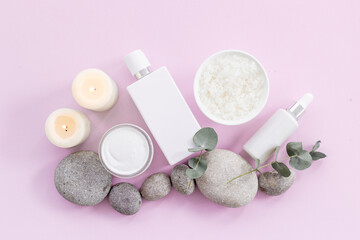 Blank empty white cosmetic tube and bottle, flatlay