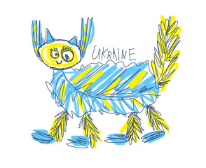 Childs drawing of a shaggy cat in the blue and yellow colors of the Ukrainian flag.