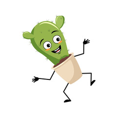 Cute cactus character in pot with happy emotion, joyful face, smile eyes, arms and legs. Houseplant with funny expression. Vector flat illustration