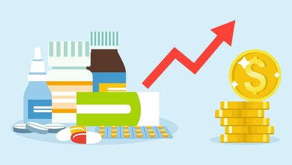 Rising prices for medicines. A set of medicines, pills, vitamins on a pale blue background. Dollar growth, red arrow up. Golden stack of dollar coins. 