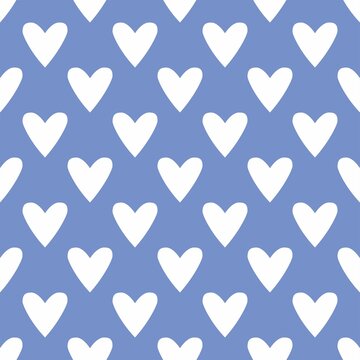 Tile cute vector pattern with hand drawn white hearts on blue background for seamless decoration wallpaper
