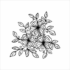 Hand drawn flower bouquet arrangement in black and white color doodle or sketch style. Postcard, invitation, greeting card, coloring book page.