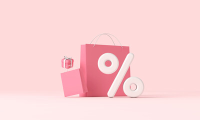 Online shopping discount banner with paper bags and gifts. 3D Rendering