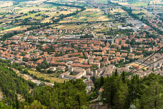 Aerial view of Gubbio viewed from the top of Monte Ingino, Umbria, Italy