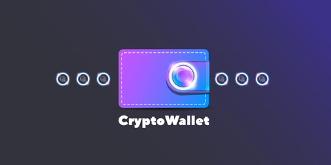 Cryptocurrency wallet concept illustration with wallet and crypto coins isolated on grey background. Crypto wallet landing page and poster design template. Crypto wallet for bitcoin, solana, ethereum