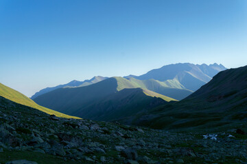 The mountain valleys of the Teberda Nature Reserve in Karachay-Cherkessia in the early morning dawn