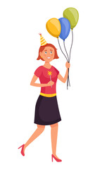 Young woman holding balloons and sparkler in her hands. Vector  illustration isolated on white background 