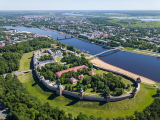 Aerial view of Velikiy Novgorod Kremlin in Russia - obrazy, fototapety, plakaty