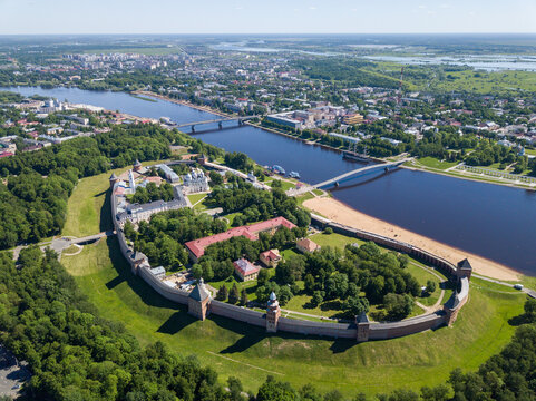 Aerial view of Velikiy Novgorod Kremlin in Russia